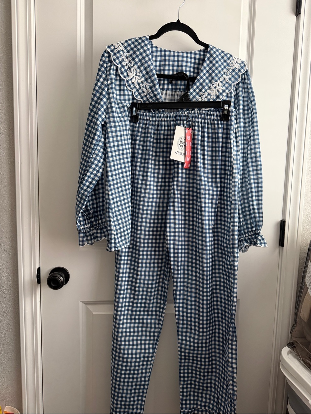 Blue Gingham Pajama Set with Embroidered Collar